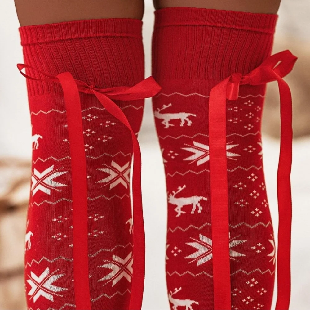 Tall Reindeer Fair Isle Over-the-knee Socks Long Ribbon Bow Stocking Holiday